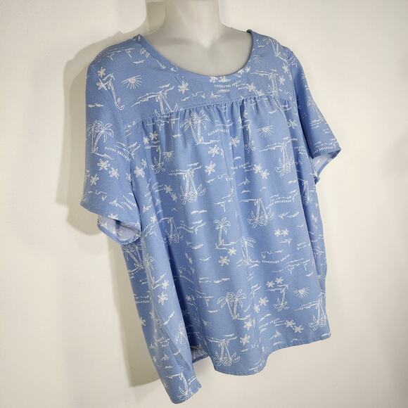 Denim & Co Womens Scenic Print Short Sleeve Crew Neck Blouse Large Blue Haze - Picture 4 of 9